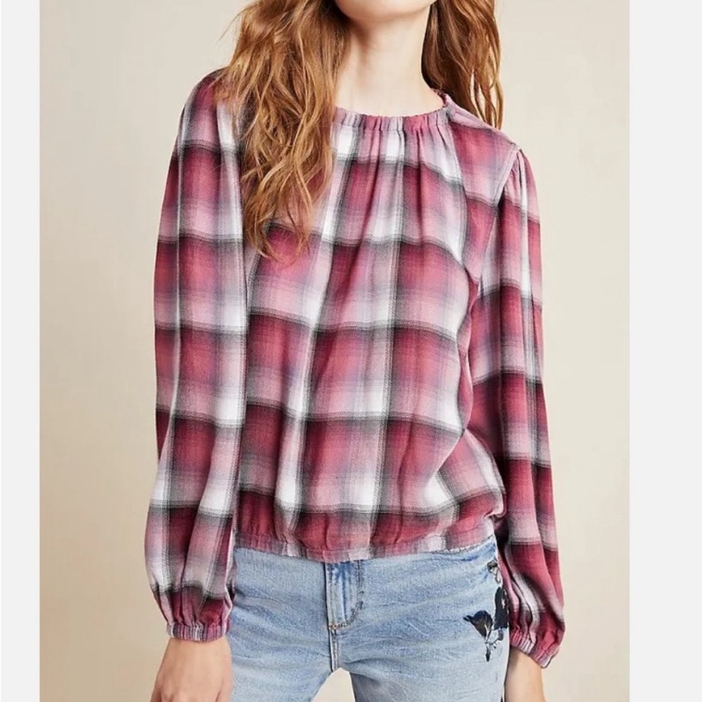 Cloth and Stone‎ Anthropologie Red Glacier Balloon Sleeve Top Size Medium EUC